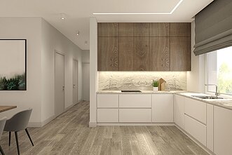 Medis, ramios spalvos, lakoniškos formos. dizainerės Elžbietos Skunčikienės kurtas interjeras.