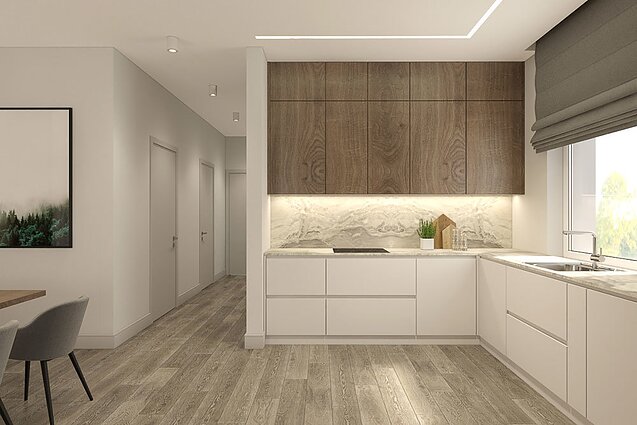 Medis, ramios spalvos, lakoniškos formos. dizainerės Elžbietos Skunčikienės kurtas interjeras.