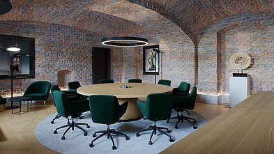 Posėdžių salės interjeras. IDAS interjero kūrėjų Vaidos Kandratavičiūtės ir Kristinos Balaišytės vizualizacija.