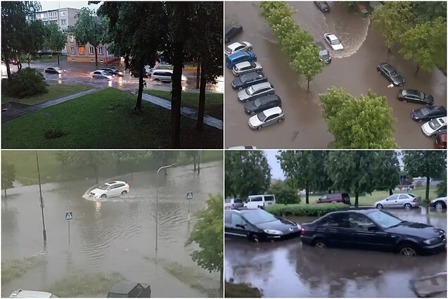 Šiauliuose po stiprios liūties gatvės upėmis 