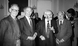Alfonsas Nyka-Niliūnas, Bernardas Brazdžionis, Jurgis Jankus, Kazys Bradūnas Vašingtone 1999 metais