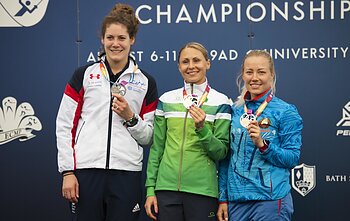 Laura Asadauskaitė-Zadneprovskienė, centre, with fellow pentathletes Iryna Prasiantsova and Kate French