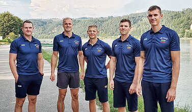 Lietuvos porinės keturvietės irklavimo įgula (iš kairės) 2018 m.: Martynas Džiaugys, Rolandas Maščinskas, Žygimantas Gališanskis, Dominykas Jančionis ir Aurimas Adomavičius