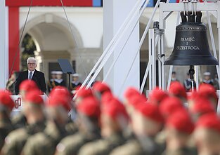 German President Frank-Walter Steinmeier speaks during a memorial ceremony marking the 80th anniversary of the start of World War II in Warsaw