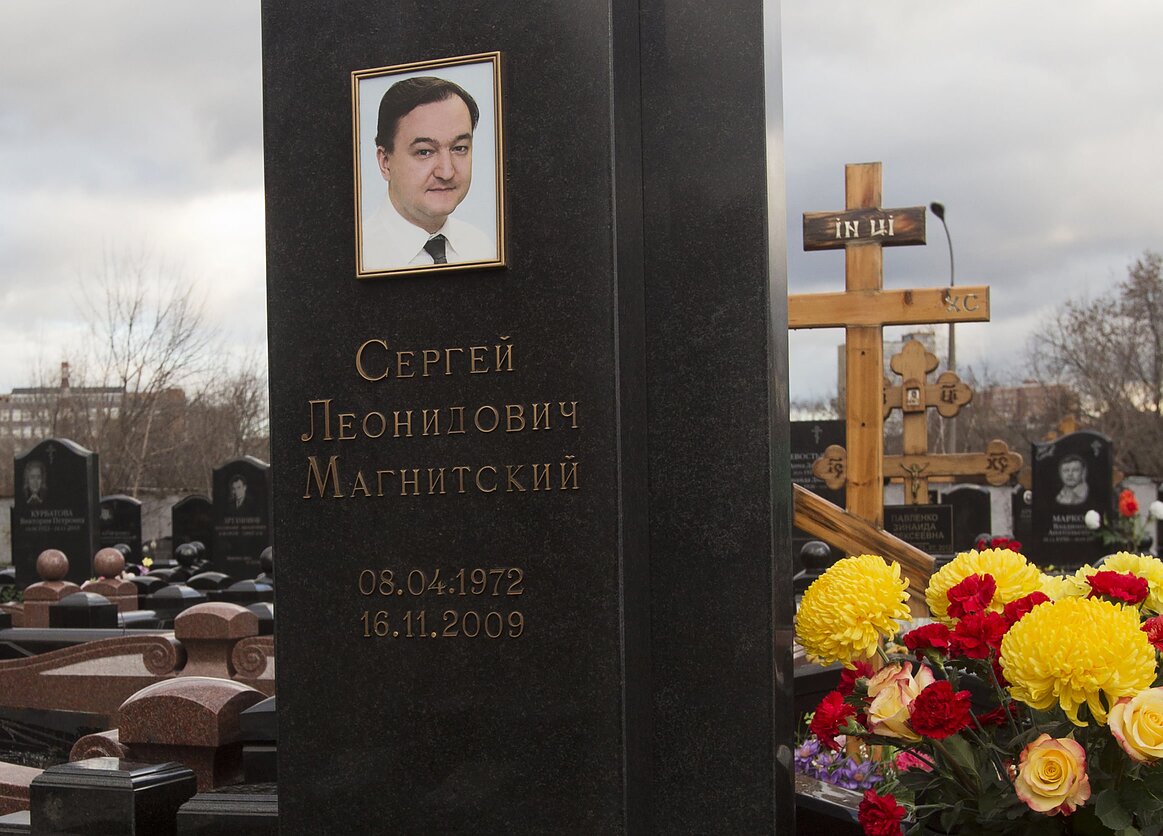 Tombstone on the grave of lawyer Sergei Magnitsky, who died in jail, at a cemetery in Moscow. 