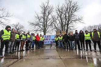 Construction workers building the Darius and Girėnas Stadium in Kaunas held a rally over unpaid wages