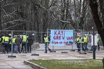 Construction workers building the Darius and Girėnas Stadium in Kaunas held a rally over unpaid wages