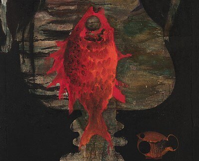 Nijolė Valadkevičiūtė „Žuvies sapnas“ (1970, drobė, aliejus, 120x100 cm) Nijolė Valadkevičiūtė „Žuvies sapnas“ (1970, drobė, aliejus, 120x100 cm)
