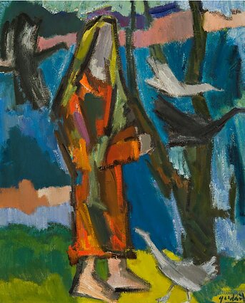  Antanas Gudaitis „Moteris su paukščiais“, 1967 m., drobė, aliejus, 100 × 81 cm. MO muziejaus kolekcija 