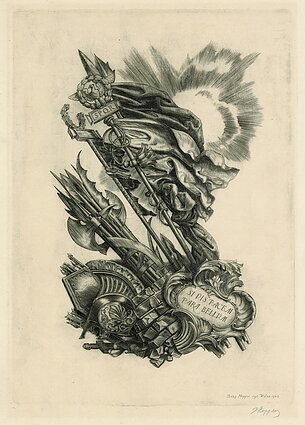 Jerzy Hoppen. Vėliavos: Si vis pacem para bellum. 1942. Vario raižinys. Torunės Mikalojaus Koperniko universiteto bibliotekos grafikos rinkinys Jerzy Hoppen. Vėliavos: Si vis pacem para bellum. 1942. Vario raižinys. Torunės Mikalojaus Koperniko universiteto bibliotekos grafikos rinkinys