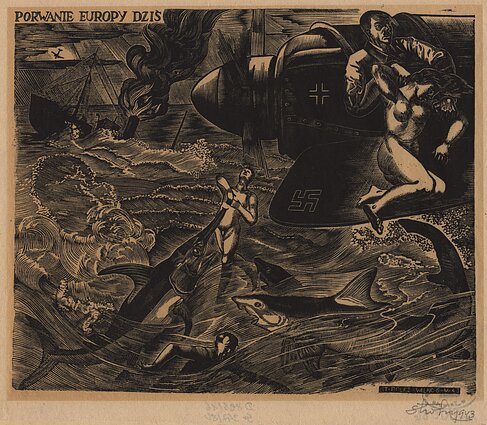 Stanisław Rolicz. Europos pagrobimas II. 1943. Medžio raižinys. Torunės Mikalojaus Koperniko universiteto bibliotekos grafikos rinkinys Stanisław Rolicz. Europos pagrobimas II. 1943. Medžio raižinys. Torunės Mikalojaus Koperniko universiteto bibliotekos grafikos rinkinys