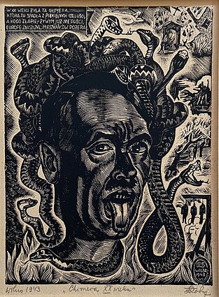 Stanisław Rolicz. Autoportretas: XX a. chimera. 1943. Medžio raižinys. Torunės Mikalojaus Koperniko universiteto bibliotekos grafikos rinkinys Stanisław Rolicz. Autoportretas: XX a. chimera. 1943. Medžio raižinys. Torunės Mikalojaus Koperniko universiteto bibliotekos grafikos rinkinys
