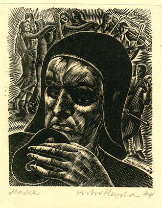 Krystyna Wróblewska. Kaukė. 1944. Medžio raižinys. Torunės Mikalojaus Koperniko universiteto bibliotekos grafikos rinkinys Krystyna Wróblewska. Kaukė. 1944. Medžio raižinys. Torunės Mikalojaus Koperniko universiteto bibliotekos grafikos rinkinys