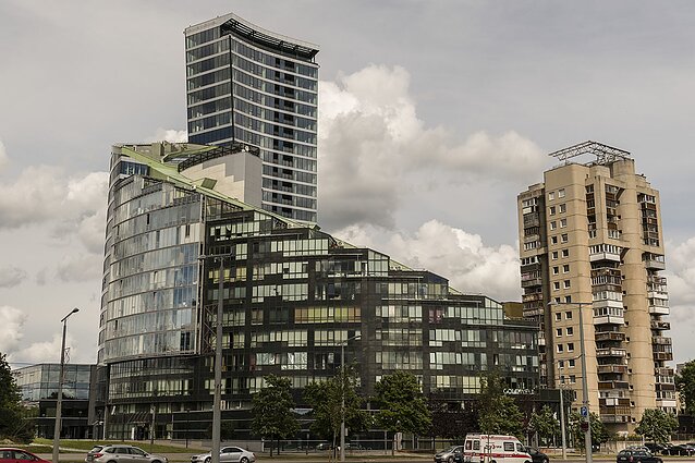 The old and the new on the right bank of the Neris river