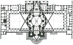 Bažnyčios schemoje šešiakampis dalinamas į mažesnius trikampius, taip dar labiau pabrėžiant „trejetų“ gausą ir jų simbolinę reikšmę