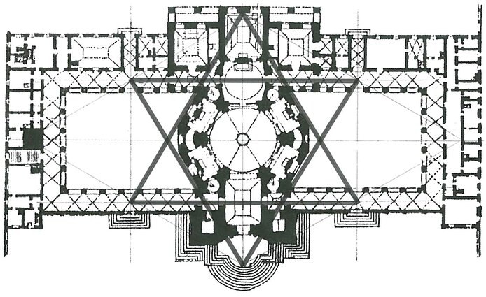 Bažnyčios schemoje šešiakampis dalinamas į mažesnius trikampius, taip dar labiau pabrėžiant „trejetų“ gausą ir jų simbolinę reikšmę