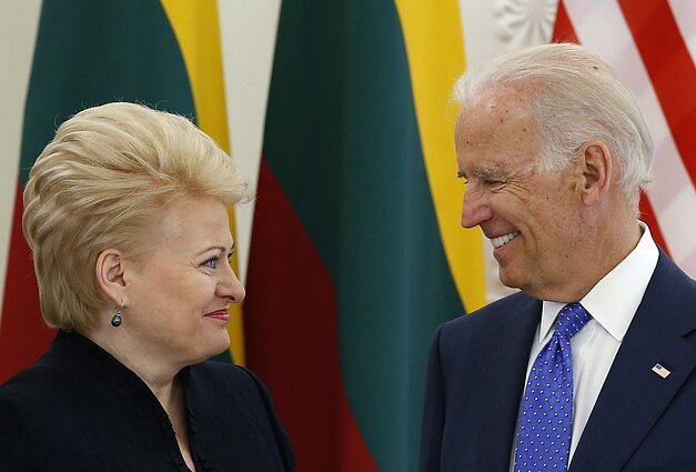 Joe Biden with former Lithuanian President Dalia Grybauskaitė during a visit to Lithuania in 2014