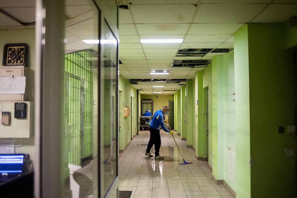 Corridors are cleaned regularly by the inmates.