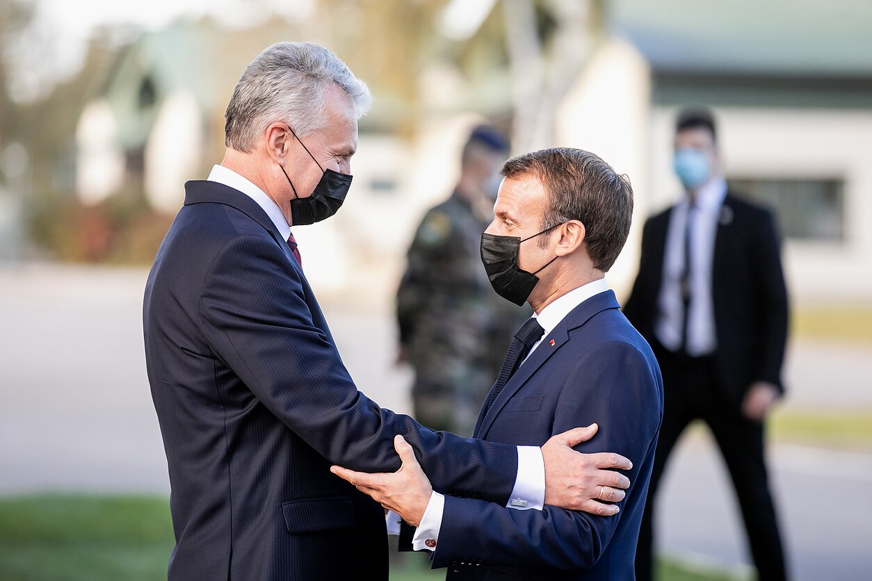 Lithuanian President Gitanas Nausėda embraces his French counterpart, Emmanuel Macron, who became the first French leader to visit Vilnius in almost a decade.
