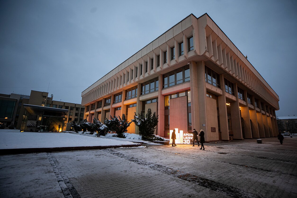 Preserved barricades (left) outside of the Lithuanian parliament, Seimas.