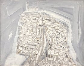 Aloyzas Stasiulevičius, „Miestas erdvėje. M. K. Čiurlionio atminimui“ (1993, drobė, akrilas, koliažas) Aloyzas Stasiulevičius, „Miestas erdvėje. M. K. Čiurlionio atminimui“ (1993, drobė, akrilas, koliažas)