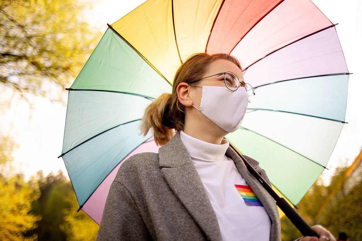 Woman with a rainbow umbrella at a pro-LGBT event in Vilnius (associative image)