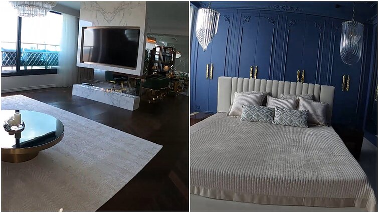 Mėlyni moldingai miegamajame