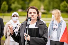 Svetlana Tikhanovskaya at the rally in Vilnius in solidarity with Belarus opposition.