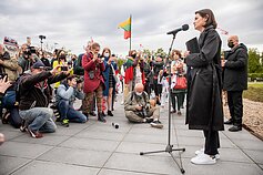 Svetlana Tikhanovskaya at the rally in Vilnius in solidarity with Belarus opposition.