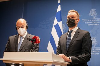 Greek Foreign Minister Nikos Dendias and Lithuania's Gabrielius Landsbergis