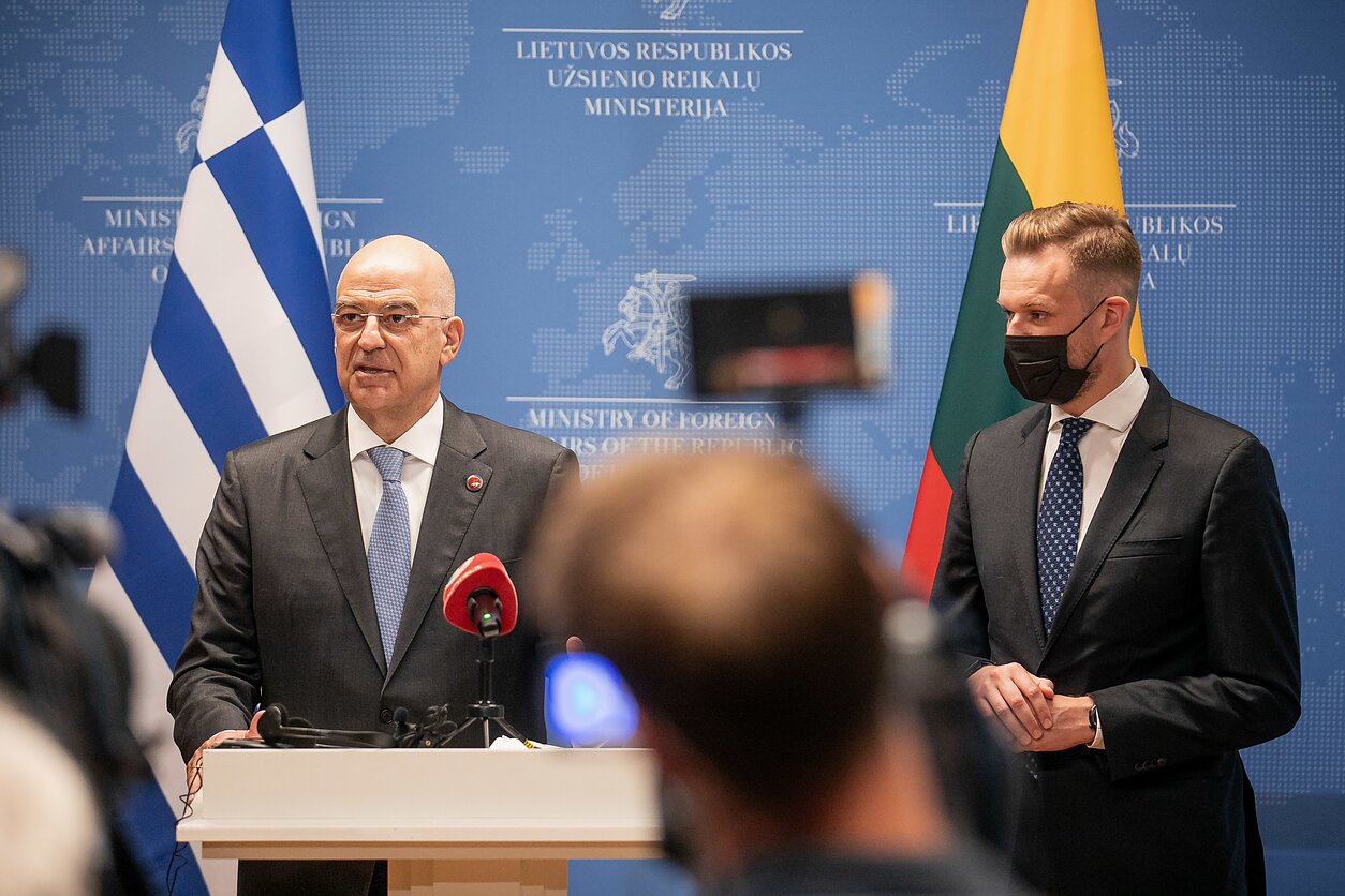 Greek Foreign Minister Nikos Dendias and Lithuania's Gabrielius Landsbergis
