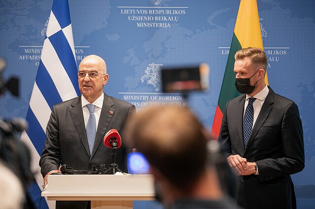 Greek Foreign Minister Nikos Dendias and Lithuania's Gabrielius Landsbergis