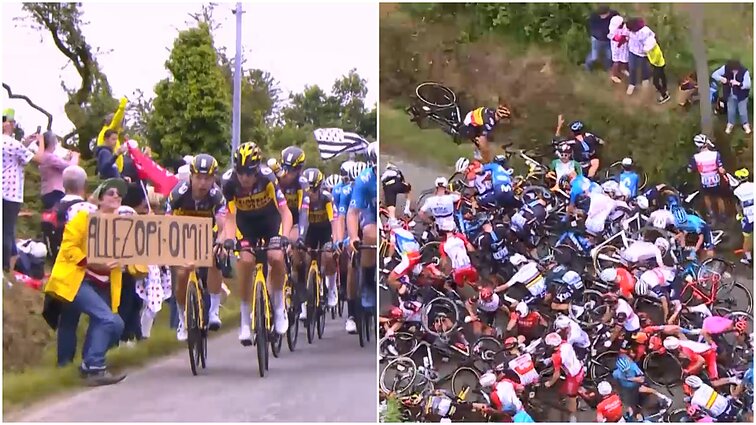 Dėl sunkiai suprantamo žiūrovo elgesio – masinė griūtis „Tour de France“ lenktynių pirmajame etape