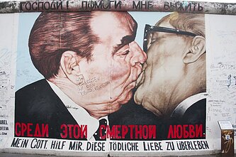 Leonid Brezhnev and Erich Honecker's kiss on the Berlin Wall