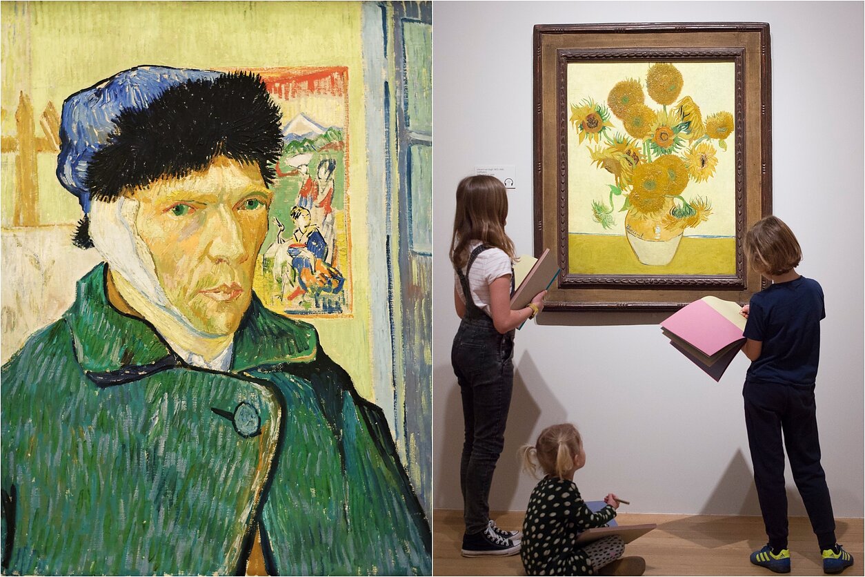 Vincento van Gogho kūriniai „Autoportretas su aprišta ausimi“ ir iš serijos „Saulėgrąžos“
