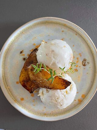Browned butter ice cream with caramelized pears. 