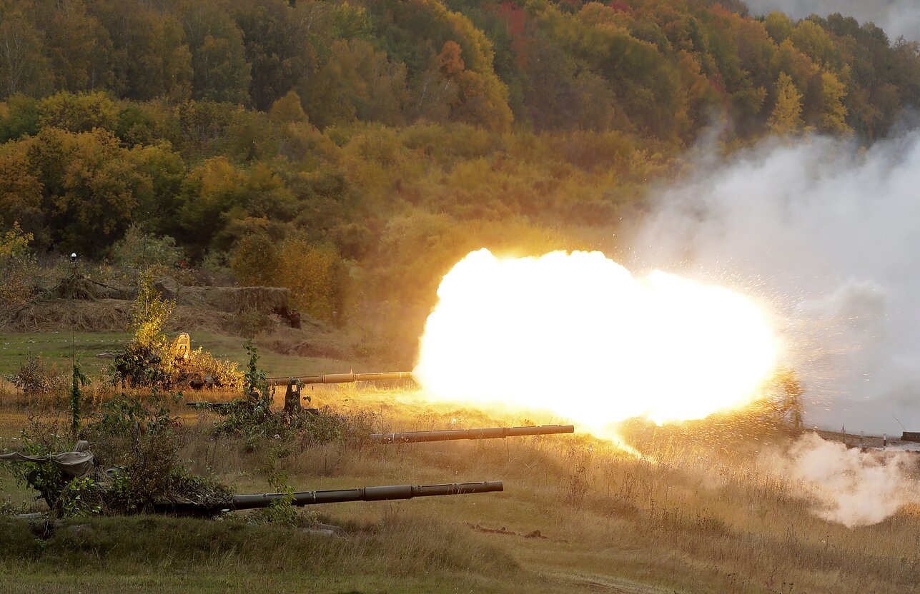 Russian troops performing military drills