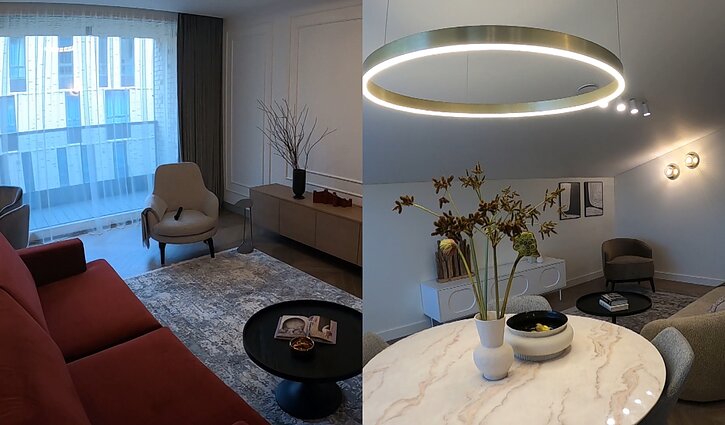 Du būstai, išplanavimas vienodas, o interjerai skirtingi: viename dominuoja spalvų, kitame – formų motyvai