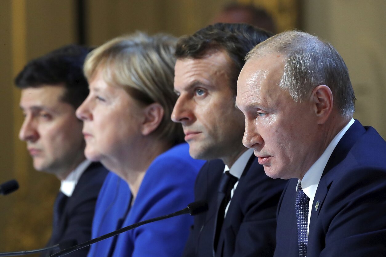Ukrainian President Volodymyr Zelensky, German Chancellor Angela Merkel, French President Emmanuel Macron, Russian President Vladimir Putin