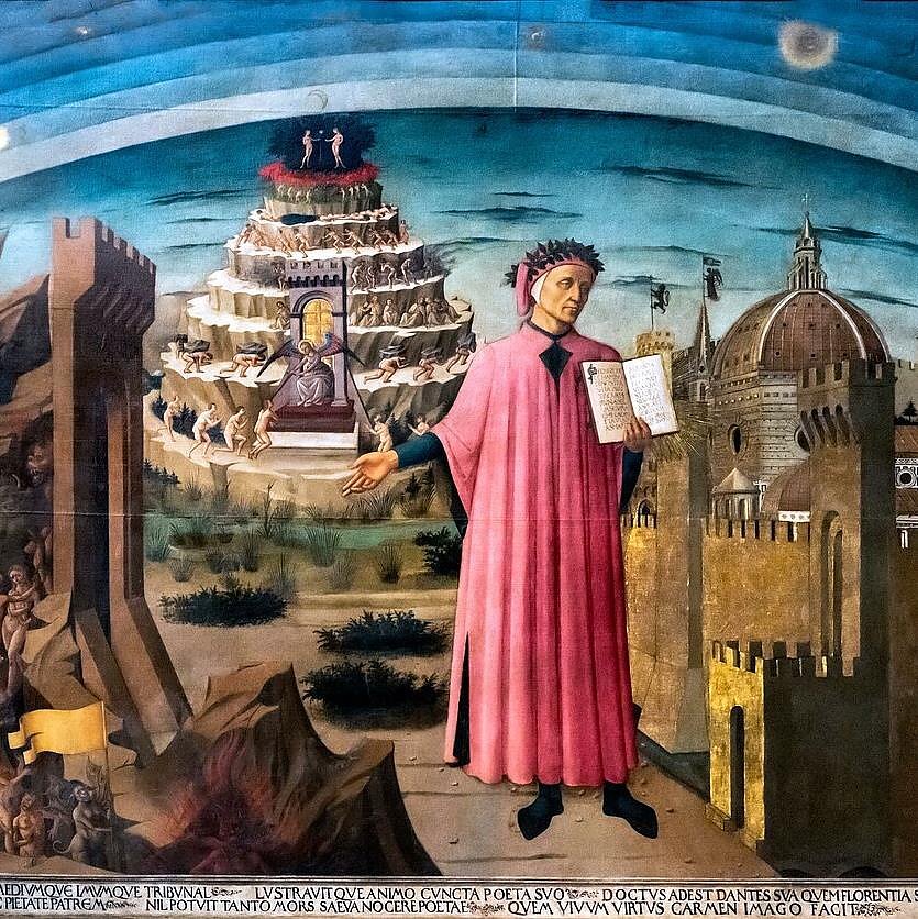 Domenico di Michelino (1417–1491), „Dantė aiškina „Dieviškąją komediją“. Florencijos katedros freska / Vida Press nuotr., Mažoji studija. Kultūra ir religija. Dantė - vilties ir meilės pranašas
