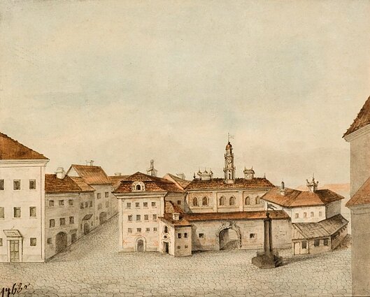 Townhall of Vilnius in the 18th century. Author Marcelli Januszkiewicz, watercolour