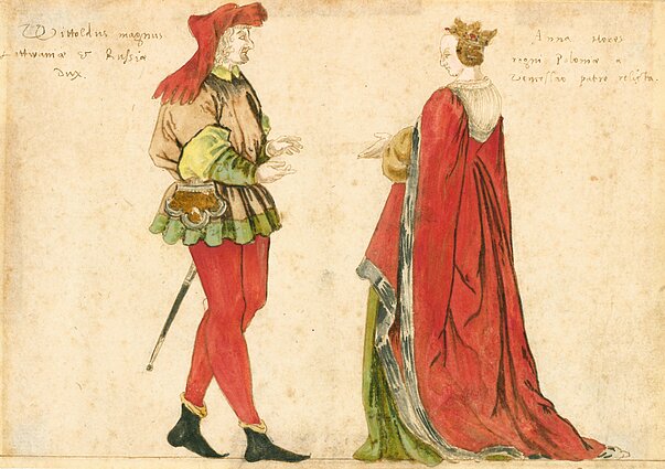 Miniatiūros iš rankraštinės knygos, kurioje vaizduojami Europos valdovai. Lietuvos didysis kunigaikštis Vytautas Didysis su žmona Ona Vytautiene