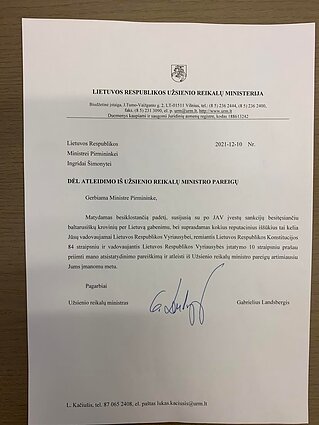 Gabrieliaus Landsbergio pareiškimas atleisti jį iš pareigų Gabrieliaus Landsbergio pareiškimas atleisti jį iš pareigų
