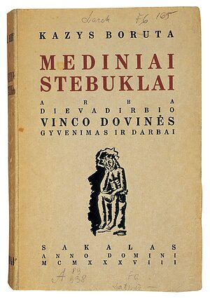 Juozo Mikėno viršelis ir iliustracija Kazio Borutos apysakai Mediniai stebuklai (Kaunas: Sakalas, 1938) Juozo Mikėno viršelis ir iliustracija Kazio Borutos apysakai Mediniai stebuklai (Kaunas: Sakalas, 1938)