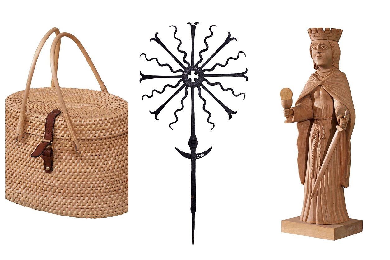 Irena Vapšienė. Pintinė-rankinė, 2021 m., Edvardas Mačaitis. Saulutė, 2018 m. ir Alfonsas Maulius. Šv. Barbora, 2019 m.