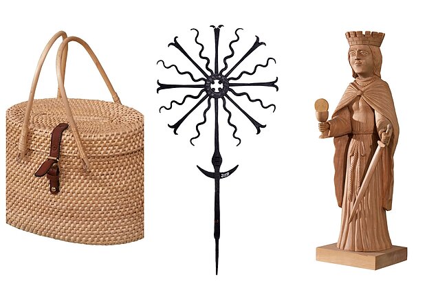 Irena Vapšienė. Pintinė-rankinė, 2021 m., Edvardas Mačaitis. Saulutė, 2018 m. ir Alfonsas Maulius. Šv. Barbora, 2019 m.