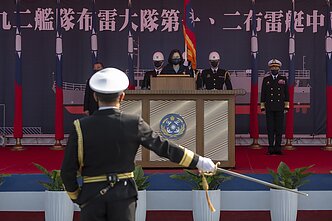 Taivano prezidentė Tsai Ing-wen dalyvauja naujo šalies karinio laivo pristatymo ceremonijoje