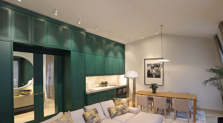Sudėtingoje erdvėje sukūrė jaukų butą, o jo išskirtinumas – šilumos ir prabangos suteikianti žalios spalvos virtuvė