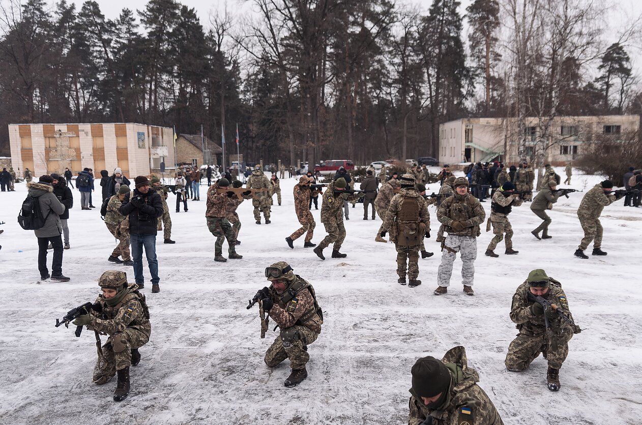 During the drills, the recruits learn basic weapon handling skills
