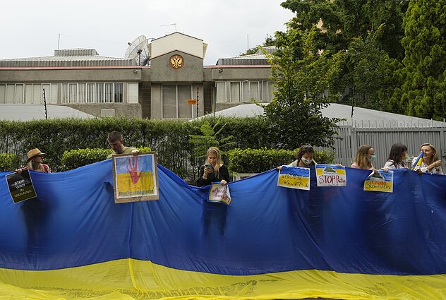 People in South Africa protest against Russia's invasion of Ukraine.